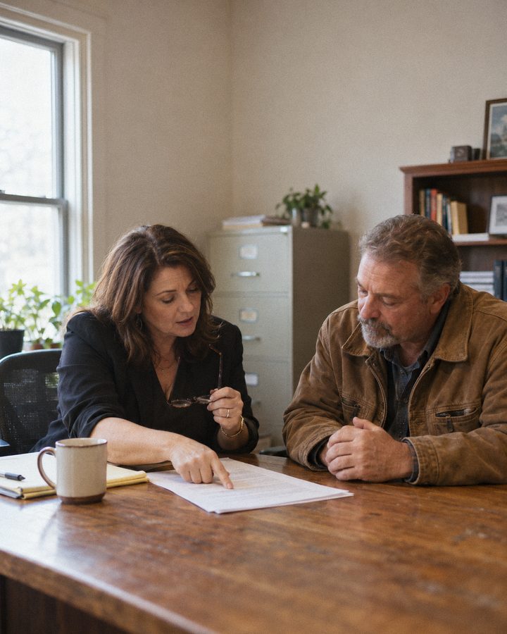 A small-firm attorney walks a client through a document at her office table.